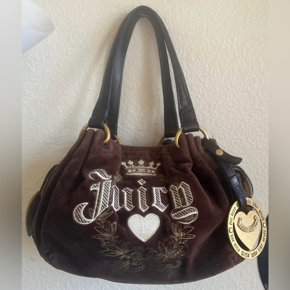 Y2K Juicy Brown Velvet Handbag with Crown